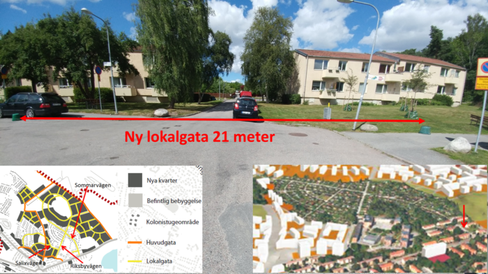 Flera bostadshus utefter Kvarnbacksvägen måste rivas för att ge plats åt lokalgator som ska gå in i mot det nya området Norra Riksby. Foto och bildbearbetning: Mikael Ljung.